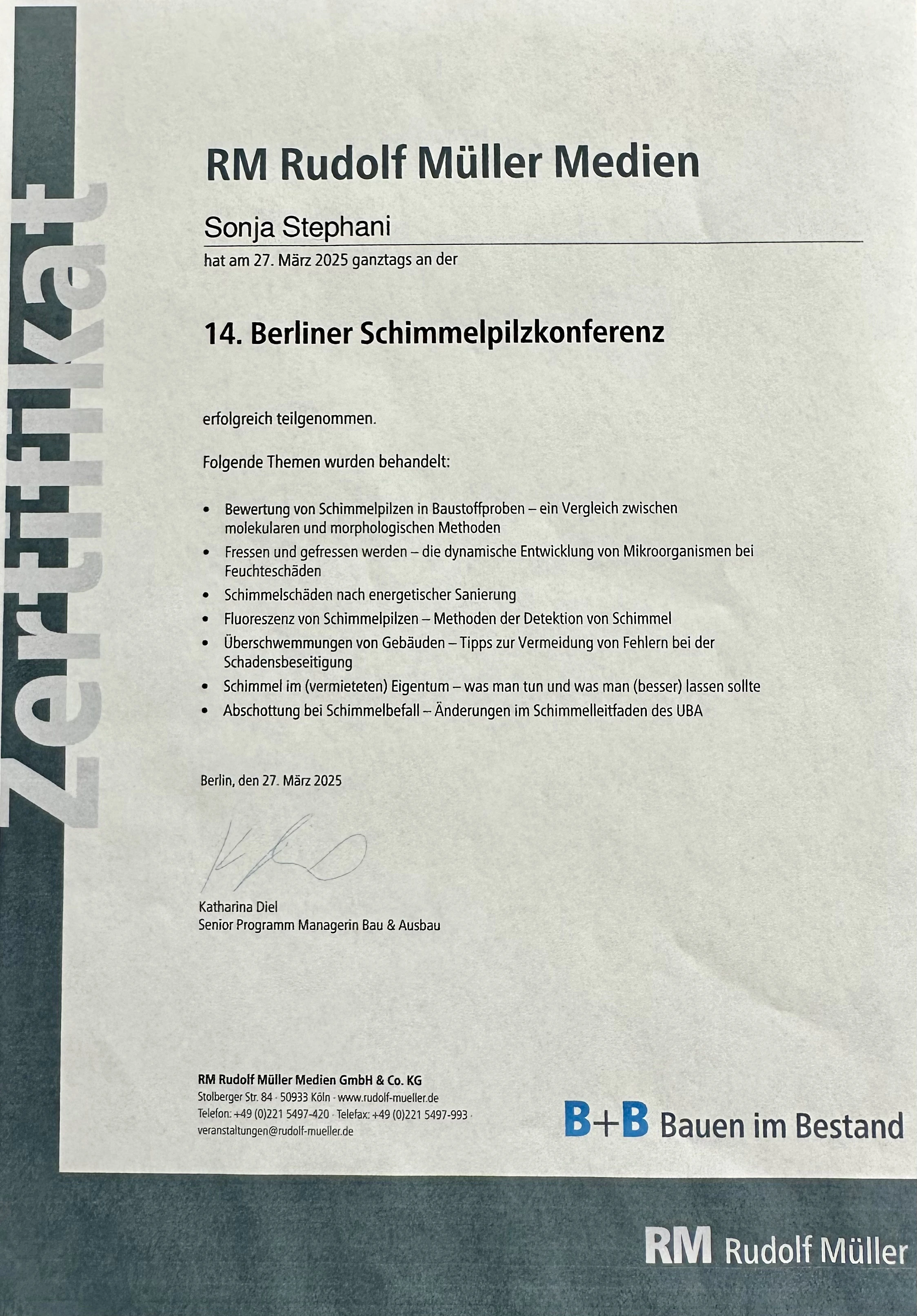 Zertifikat Teilnahme Schimmelpilzkonferenz 2025