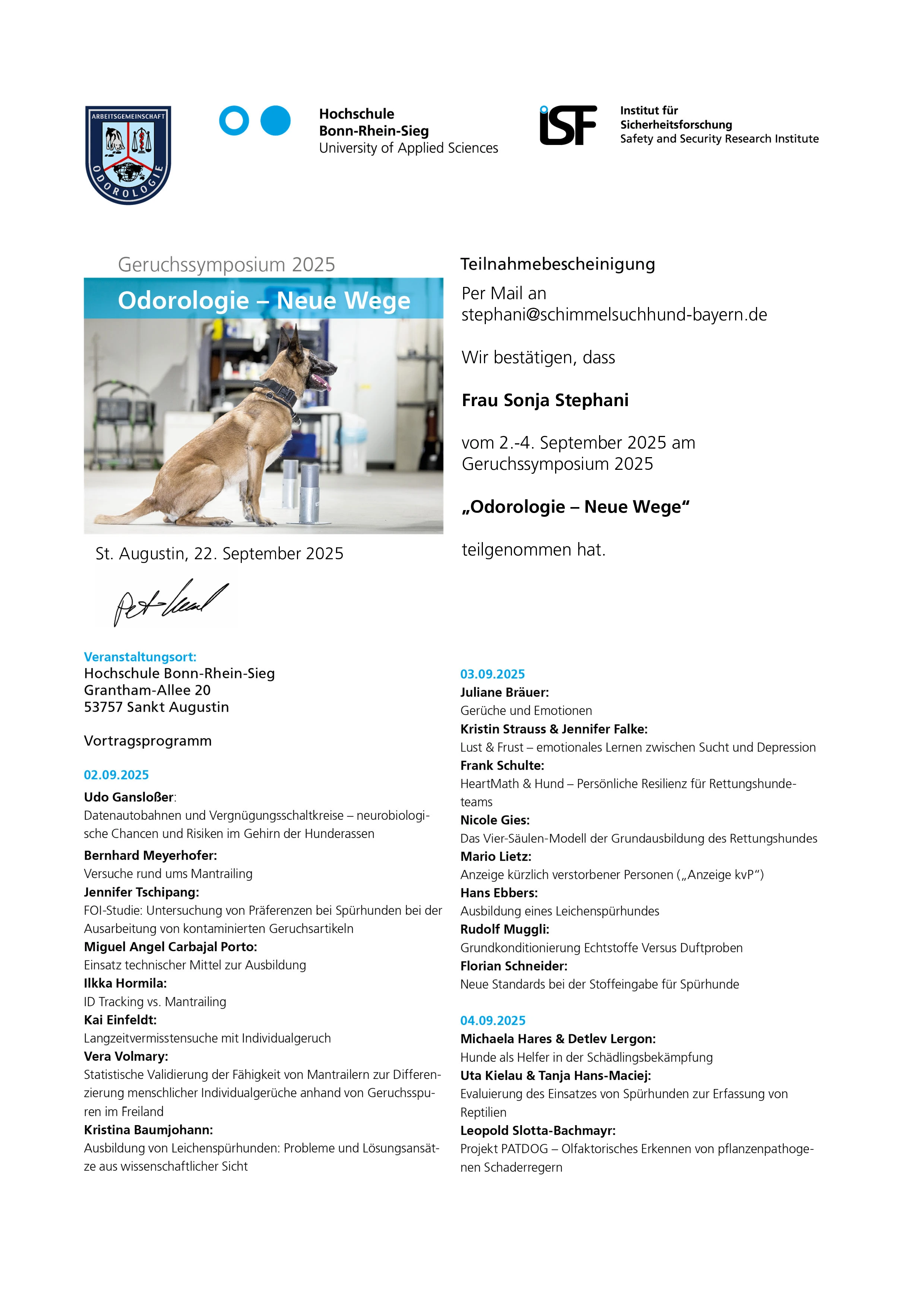 Teilnahmebescheinigung Odorologie Symposium - Neue Wege 2025